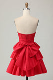 Strapless Red A Line Tiered Corset Beaded Short Prom Dress with Bow