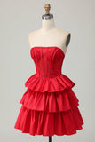 Red Strapless A-line Tiered Corset Beaded Short Prom Dress with Bow