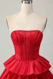 Red Strapless A-line Tiered Corset Beaded Short Prom Dress with Bow