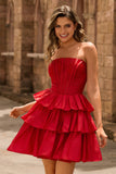 Strapless Red A Line Tiered Corset Beaded Short Prom Dress with Bow