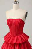 Green A-line Strapless Tiered Corset Beaded Short Prom Dress with Bow