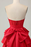 Red Strapless A-line Tiered Corset Beaded Short Prom Dress with Bow