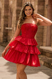 Green A Line Strapless Tiered Corset Beaded Short Prom Dress with Bow
