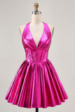 Metallic Fuchsia Halter Pleated Cocktail Dress