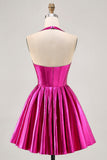 Metallic Fuchsia Halter Pleated Cocktail Dress