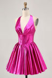 Metallic Fuchsia Halter Pleated Cocktail Dress