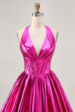 Metallic Fuchsia Halter Pleated Cocktail Dress