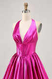 Metallic Fuchsia Halter Pleated Cocktail Dress