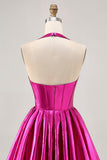 Metallic Fuchsia Halter Pleated Cocktail Dress
