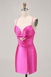 Fuchsia Cut Out Pleated Tight Cocktail Dress with Bow