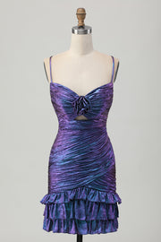Metallic Blue Purple Bodycon Cut Out Ruffled Cocktail Dress