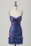 Metallic Blue Purple Bodycon Cut Out Ruffled Cocktail Dress