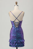 Metallic Blue Purple Bodycon Cut Out Ruffled Cocktail Dress