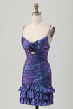 Metallic Blue Purple Bodycon Cut Out Ruffled Cocktail Dress