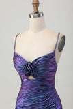 Metallic Blue Purple Bodycon Cut Out Ruffled Cocktail Dress