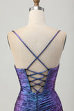 Metallic Blue Purple Bodycon Cut Out Ruffled Cocktail Dress