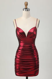 Sparkly Metallic Burgundy Spaghetti Straps Tight Ruched Short Prom Dress