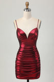 Sparkly Metallic Burgundy Spaghetti Straps Tight Ruched Short Prom Dress