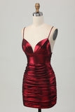 Sparkly Metallic Burgundy Spaghetti Straps Tight Ruched Short Prom Dress