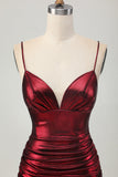 Sparkly Metallic Burgundy Spaghetti Straps Tight Ruched Short Prom Dress