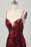 Sparkly Metallic Burgundy Spaghetti Straps Tight Ruched Short Prom Dress