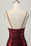 Sparkly Metallic Burgundy Spaghetti Straps Tight Ruched Short Prom Dress