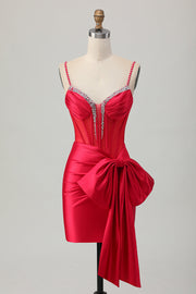 Red Bodycon Corset Ruched Beaded Short Prom Dress with Bow