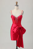 Red Bodycon Corset Ruched Beaded Short Prom Dress with Bow