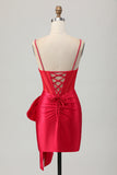 Red Bodycon Corset Ruched Beaded Short Prom Dress with Bow