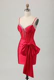 Red Bodycon Corset Ruched Beaded Short Prom Dress with Bow