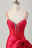 Red Bodycon Corset Ruched Beaded Short Prom Dress with Bow