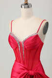 Red Bodycon Corset Ruched Beaded Short Prom Dress with Bow