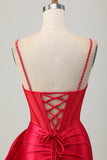 Red Bodycon Corset Ruched Beaded Short Prom Dress with Bow