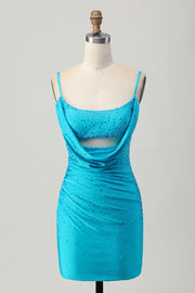 Blue Bodycon Cut Out Short Prom Dress with Beading