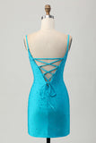 Blue Bodycon Cut Out Short Prom Dress with Beading