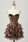 Strapless Khaki Leopard Tiered A Line Corset Cocktail Dress with Ruffles