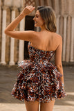 Strapless Khaki Leopard Tiered A Line Corset Cocktail Dress with Ruffles