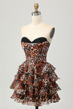 Khaki Leopard A-line Sweetheart Tiered Corset Short Prom Dress
