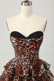 Khaki Leopard A-line Sweetheart Tiered Corset Short Prom Dress