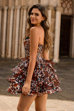 Strapless Khaki Leopard Tiered A Line Corset Cocktail Dress with Ruffles