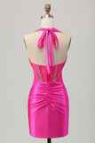 Royal Blue Bodycon Halter Backless Satin Cocktail Dress with Rhinestones