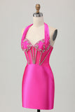 Royal Blue Bodycon Halter Backless Satin Cocktail Dress with Rhinestones