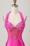 Fuchsia Bodycon Halter Backless Satin Cocktail Dress with Rhinestones