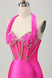 Fuchsia Bodycon Halter Backless Satin Cocktail Dress with Rhinestones