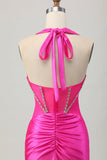 Royal Blue Bodycon Halter Backless Satin Cocktail Dress with Rhinestones