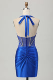 Fuchsia Bodycon Halter Backless Satin Cocktail Dress with Rhinestones