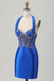 Royal Blue Bodycon Halter Backless Satin Cocktail Dress with Rhinestones