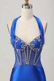 Fuchsia Bodycon Halter Backless Satin Cocktail Dress with Rhinestones