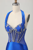 Royal Blue Bodycon Halter Backless Satin Cocktail Dress with Rhinestones
