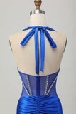 Royal Blue Bodycon Halter Backless Satin Cocktail Dress with Rhinestones